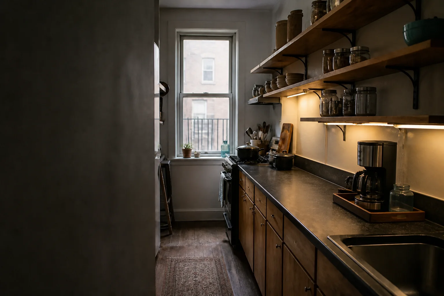 The same narrow galley kitchen with one clear prep zone and fewer counter items
