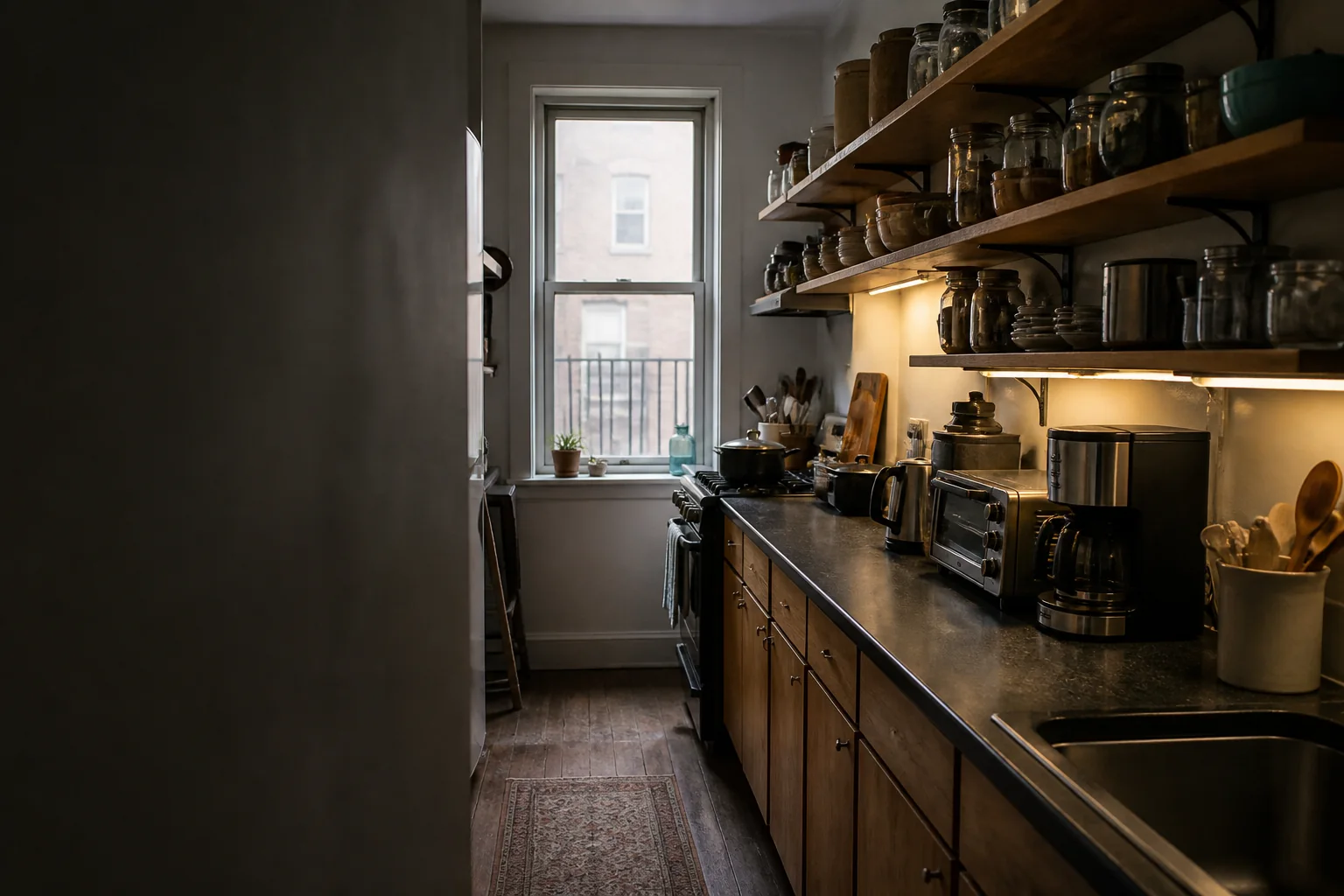 Crowded narrow rental galley kitchen before a measure-first reorganisation